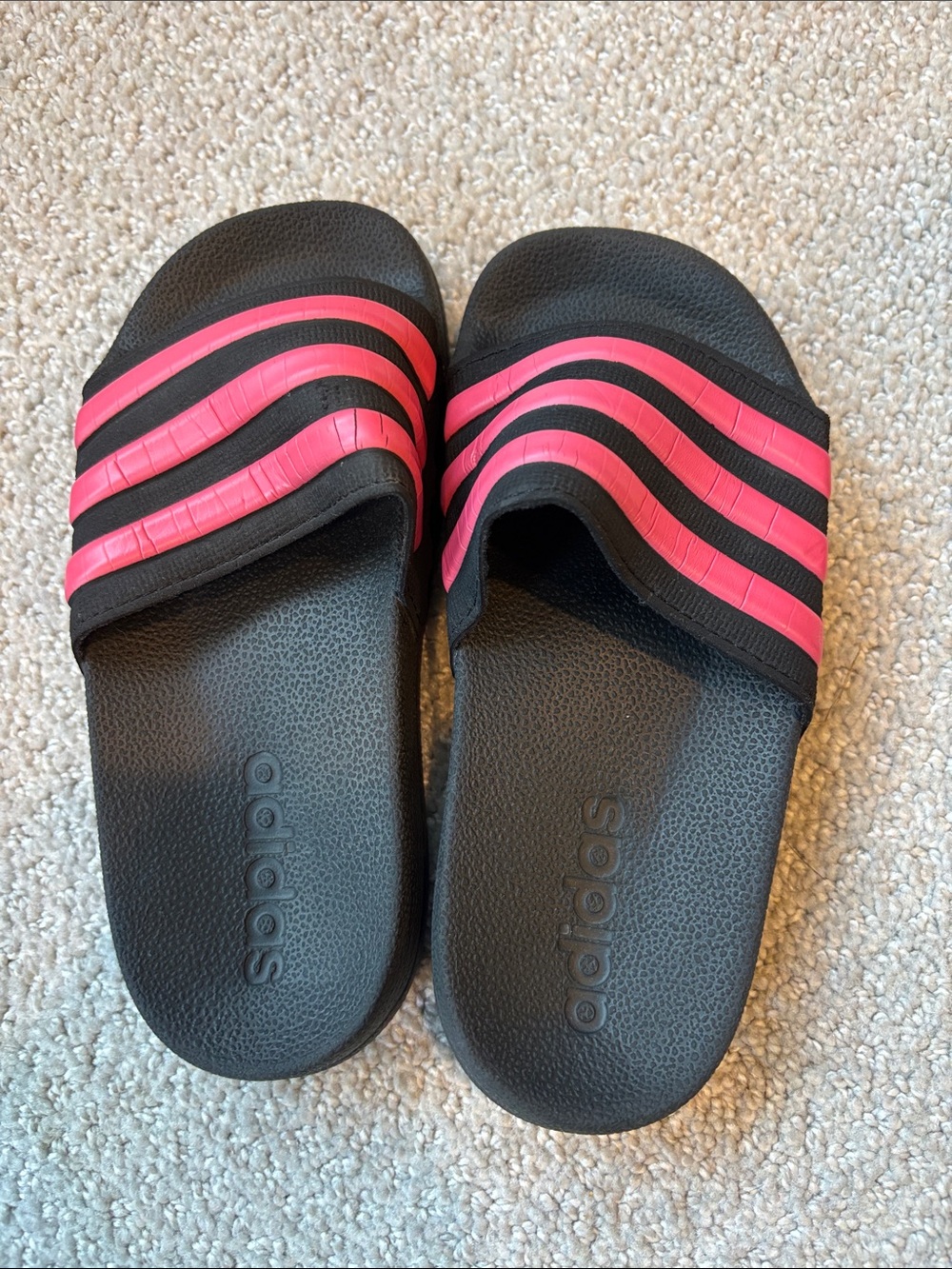adidas Kids Black Slides with Pink Stripes